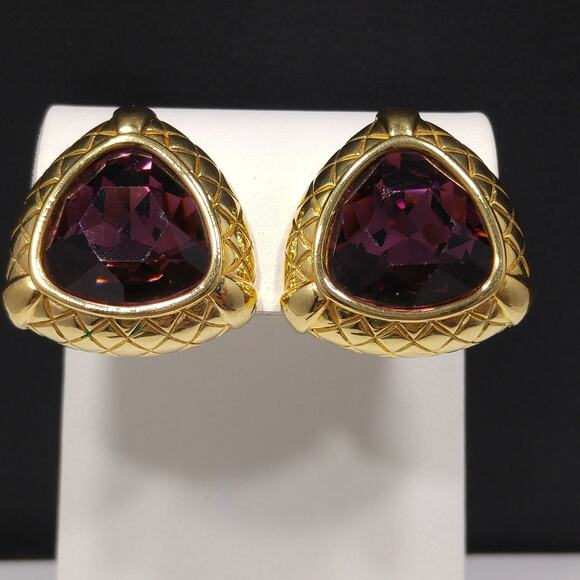 Vintage Swarovski Purple Crystal Earrings, Gold Plated, Swan Logo - Picture 1 of 10